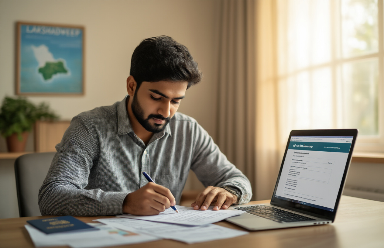 realistic image of a South Asian male sitting at a clean desk, carefully filling out official government permit application forms, with a laptop open showing a government website, a passport, and some documents neatly arranged beside him, set in a well-lit home office environment with warm natural light coming from a window, conveying a focused and organized mood, with a small decorative map of Lakshadweep islands visible in the background. Absolutely NO text should be in the scene.