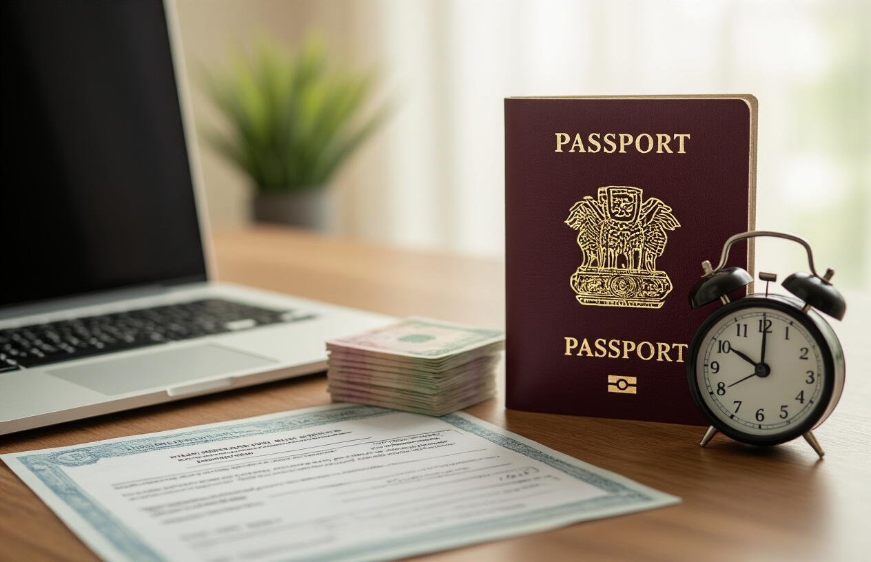 realistic image of a wooden desk with an Indian passport, a small stack of rupee currency notes, and an analog clock placed beside a government permit application form, set against a clean office background with soft natural lighting, conveying a sense of administrative processing and travel preparation, with a calm and informative mood. Absolutely NO text should be in the scene.