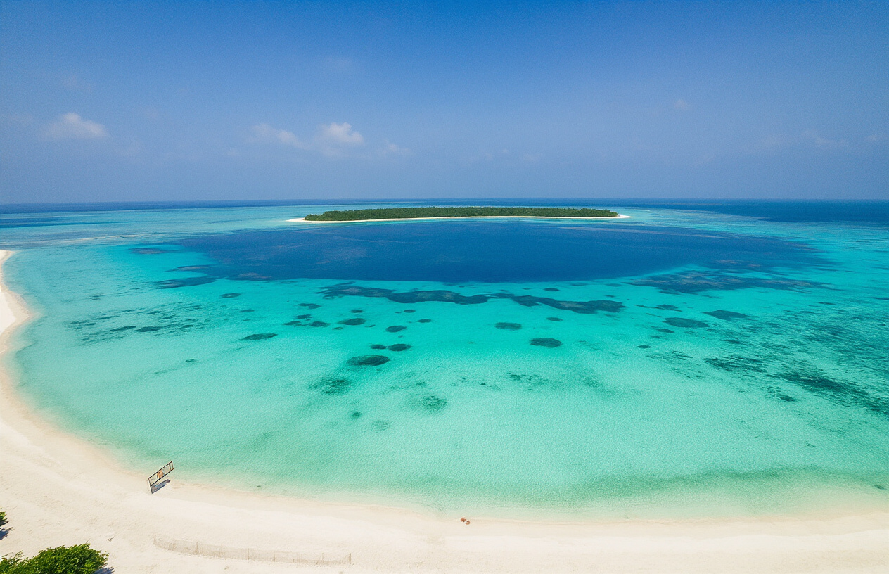 realistic image of a stunning aerial view of a remote, pristine coral island in Lakshadweep, India, surrounded by crystal-clear turquoise lagoons and white sandy beaches, with a restricted area boundary marker or a simple barrier fence visible near the shoreline, conveying a sense of protected and limited-access territory, bathed in bright tropical sunlight under a clear blue sky, evoking an exclusive and untouched paradise atmosphere. Absolutely NO text should be in the scene.