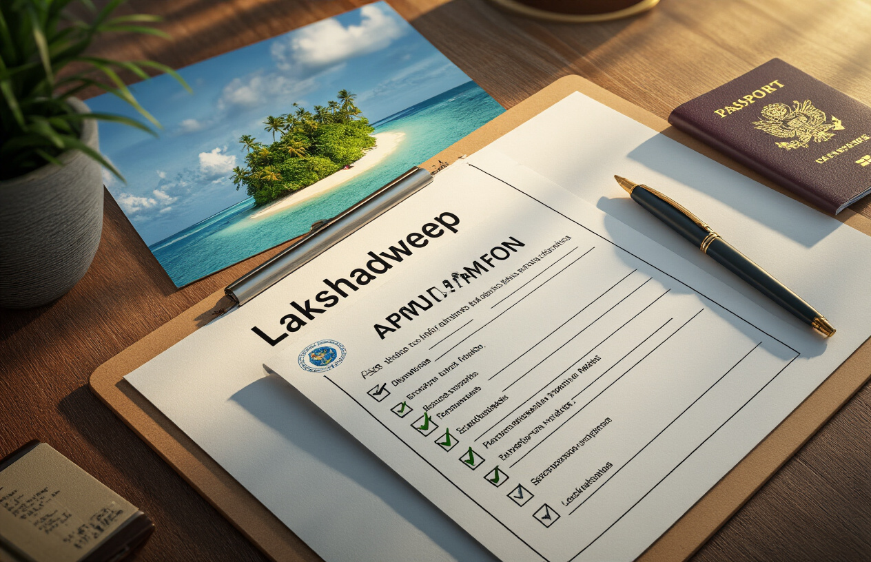realistic image of a neatly organized desk with a Lakshadweep permit application form, a checklist on a clipboard, a pen, and a passport placed together, with a small tropical island photograph in the background, warm and focused lighting highlighting the organized documents, conveying a sense of careful preparation and attention to detail, with a clean and professional atmosphere. Absolutely NO text should be in the scene.
