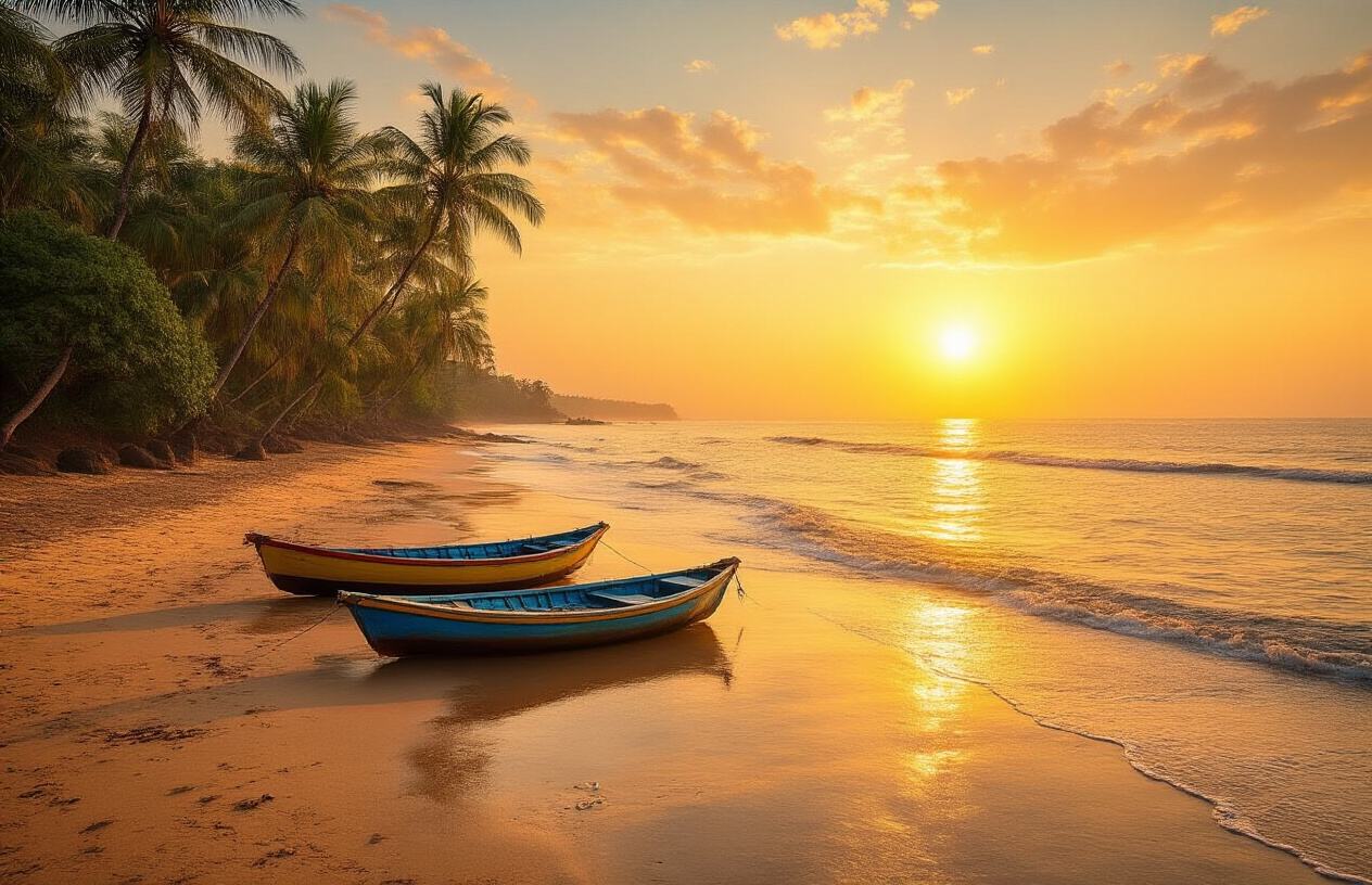 realistic image of a breathtaking golden sunset over a calm Goan beach, with gentle waves lapping the shore, a few colorful wooden fishing boats resting on the wet sand, and lush palm trees swaying in the warm breeze, capturing the serene and fulfilling essence of a perfect three-day Goa trip coming to a close, bathed in warm amber and golden hues that evoke a sense of satisfaction and wanderlust, Absolutely NO text should be in the scene.