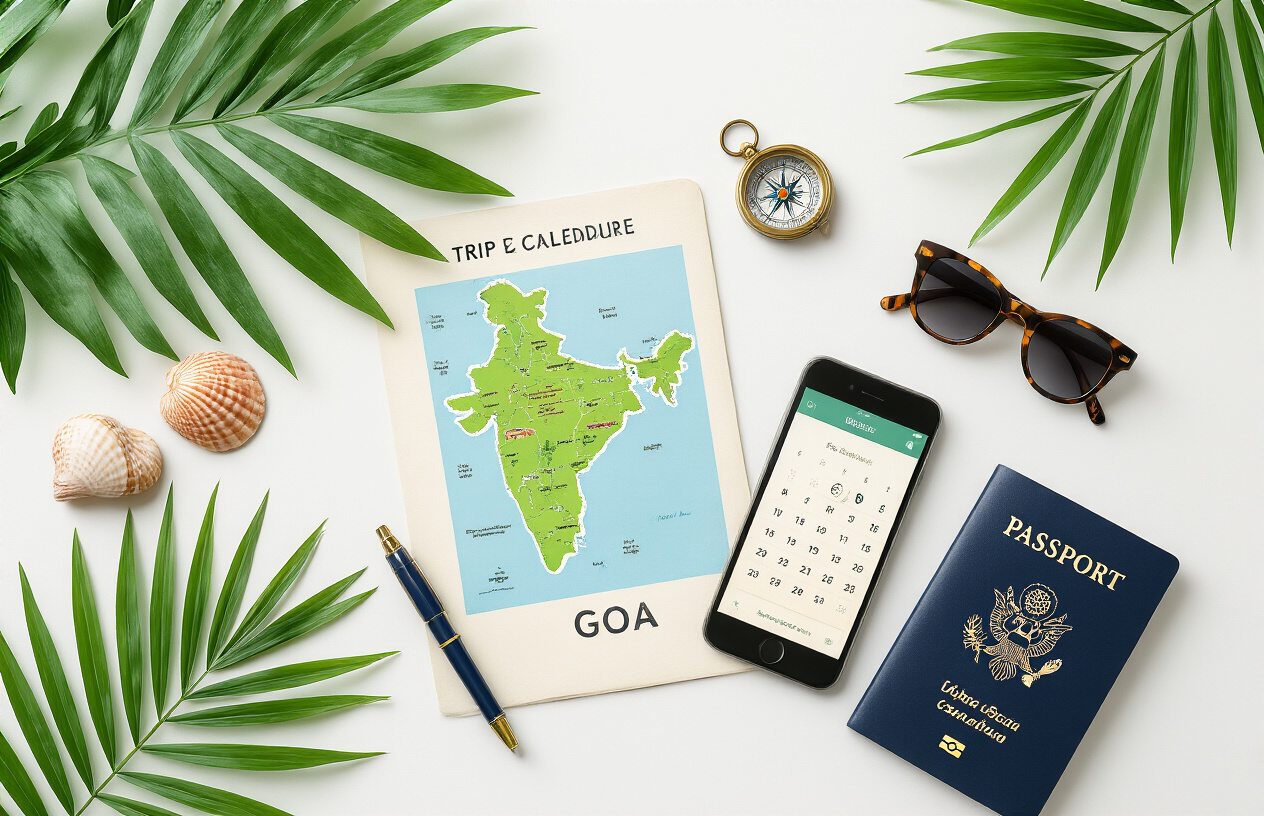 realistic image of a well-organized travel flat lay on a clean white surface, featuring a detailed Goa map, a small compass, a passport, a smartphone displaying a calendar or itinerary, sunglasses, a pen, and a few tropical elements like a small seashell and a palm leaf, all neatly arranged to suggest careful trip planning, with bright and airy natural lighting that evokes a warm, tropical vacation mood. Absolutely NO text should be in the scene.