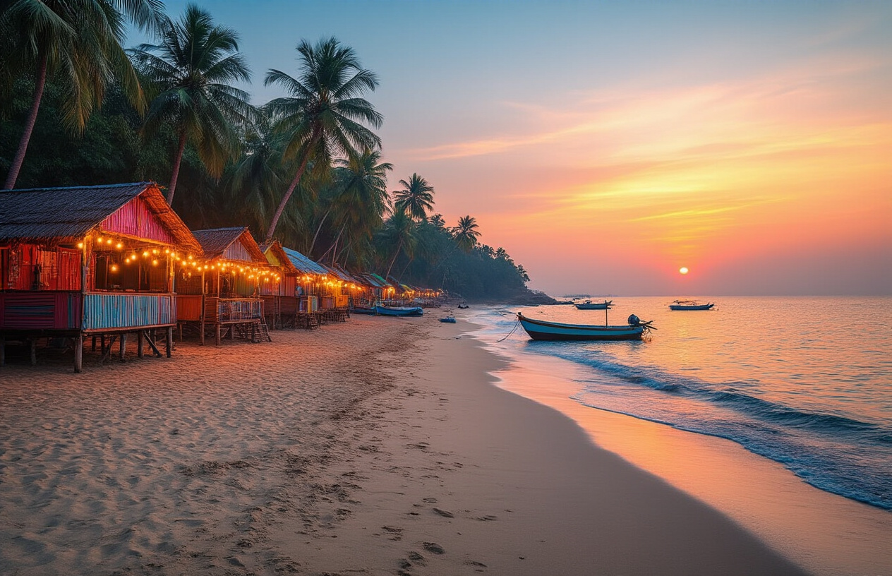 realistic image of a vibrant North Goa beach scene during golden hour, featuring a wide sandy shoreline with gentle waves, colorful beach shacks with string lights beginning to glow, a few fishing boats resting near the shore, and lush palm trees swaying in the background, with the warm orange and pink tones of the setting sun reflecting on the calm water, capturing the lively yet laid-back spirit of North Goa's coastal charm. Absolutely NO text should be in the scene.