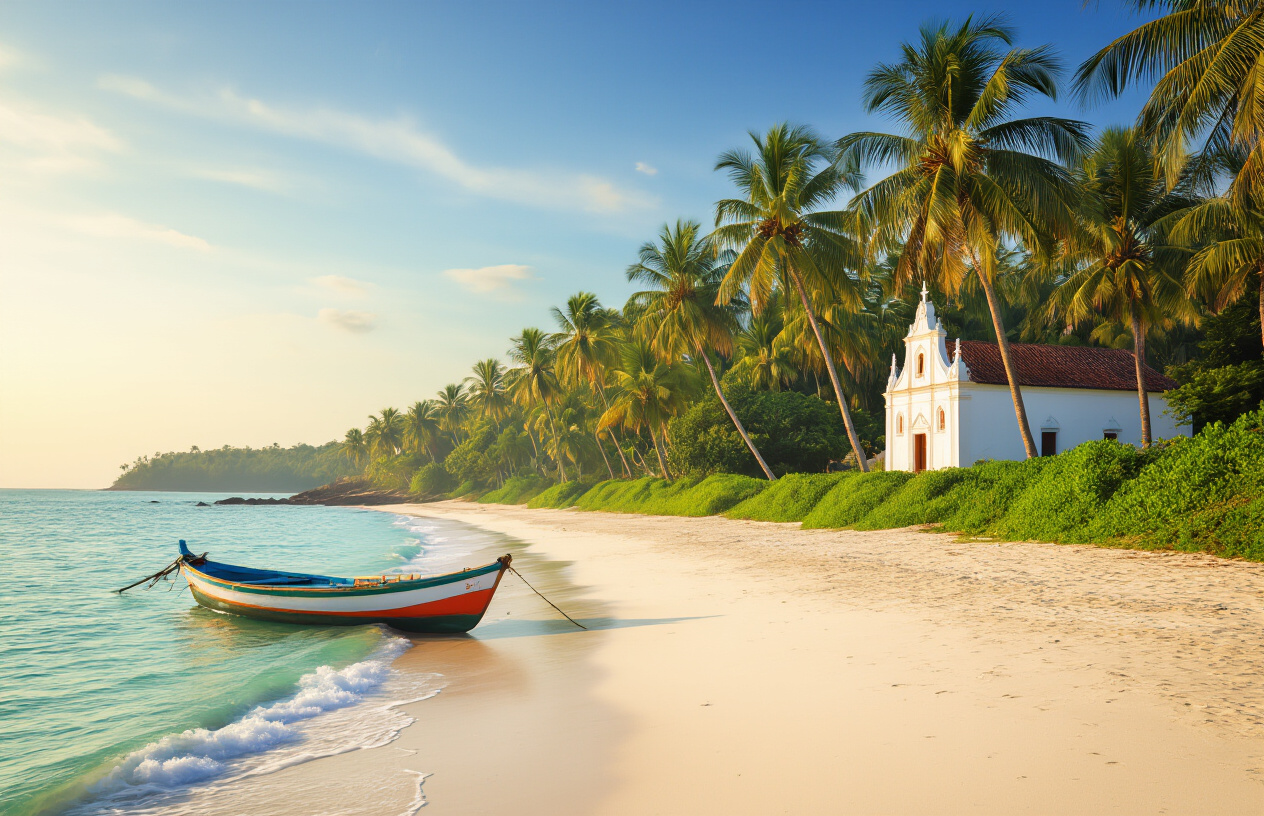 realistic image of a serene South Goa beach scene featuring a pristine, uncrowded white sand beach lined with tall swaying coconut palm trees, with gentle turquoise waves lapping the shore, a small colorful traditional Goan fishing boat resting near the water's edge, a centuries-old whitewashed Portuguese-style church visible in the soft background surrounded by lush green tropical vegetation, warm golden afternoon sunlight casting a tranquil and charming atmosphere over the entire scene, clear blue sky with a few wispy clouds above, evoking a peaceful and culturally rich coastal destination. Absolutely NO text should be in the scene.