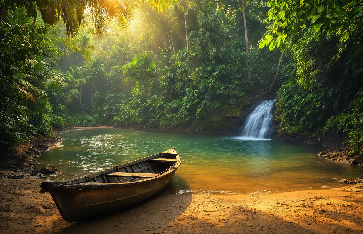 realistic image of a serene, off-the-beaten-path coastal scene in Goa, India, featuring a secluded spice plantation with lush tropical greenery in the background, a small hidden waterfall cascading into a natural pool, and a rustic wooden boat resting on the shore of a quiet, pristine backwater river, bathed in warm golden afternoon sunlight filtering through the dense canopy, evoking a sense of discovery, tranquility, and authentic local charm. Absolutely NO text should be in the scene.