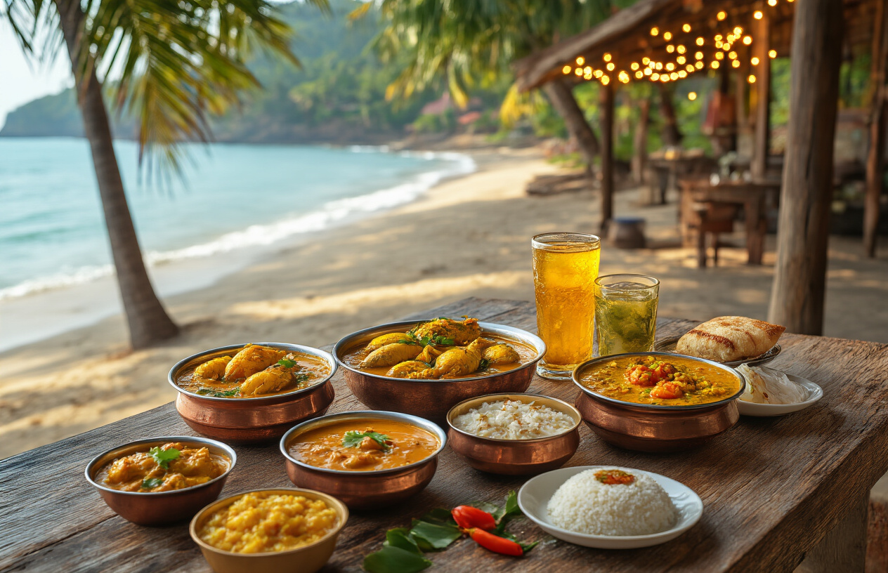 realistic image of a vibrant spread of traditional Goan food and drinks arranged on a rustic wooden table, featuring dishes like fish curry, prawn balchão, bebinca dessert, and glasses of feni, with a warm coastal Goan atmosphere in the background showing hints of a beachside shack with string lights and palm trees, the scene bathed in golden late-afternoon sunlight creating a festive and inviting mood, rich colors and textures emphasizing the abundance and variety of Goan cuisine. Absolutely NO text should be in the scene.