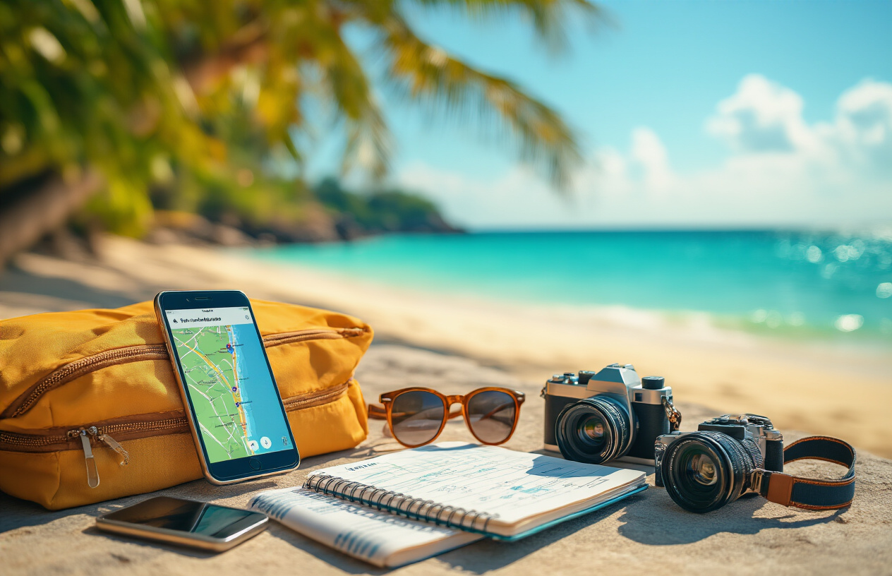realistic image of a traveler's essentials neatly arranged on a bright, sunlit surface near a Goa beach, including a smartphone with a maps app open, a travel itinerary notebook, sunglasses, a camera, and a folded beach bag, with the turquoise ocean and palm trees softly blurred in the background, conveying an organized and adventurous vacation mood with warm, golden natural lighting. Absolutely NO text should be in the scene.