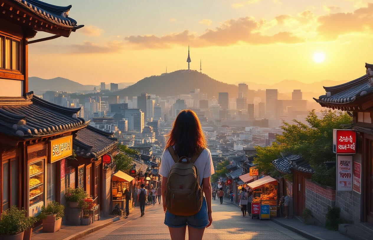realistic image of a warm and inviting scene capturing the essence of South Korea travel, featuring a panoramic view of a vibrant Seoul street at golden hour, with a mix of modern skyscrapers and traditional hanok rooftops visible in the background, a Asian female traveler standing in the foreground with a backpack, looking out over the cityscape with a sense of wonder and satisfaction, surrounded by subtle visual nods to Korean culture such as a convenience store sign, lush green mountains in the distance, and colorful street food stalls, the lighting is warm and golden, evoking a feeling of fulfillment and discovery at the end of a memorable journey, Absolutely NO text should be in the scene.