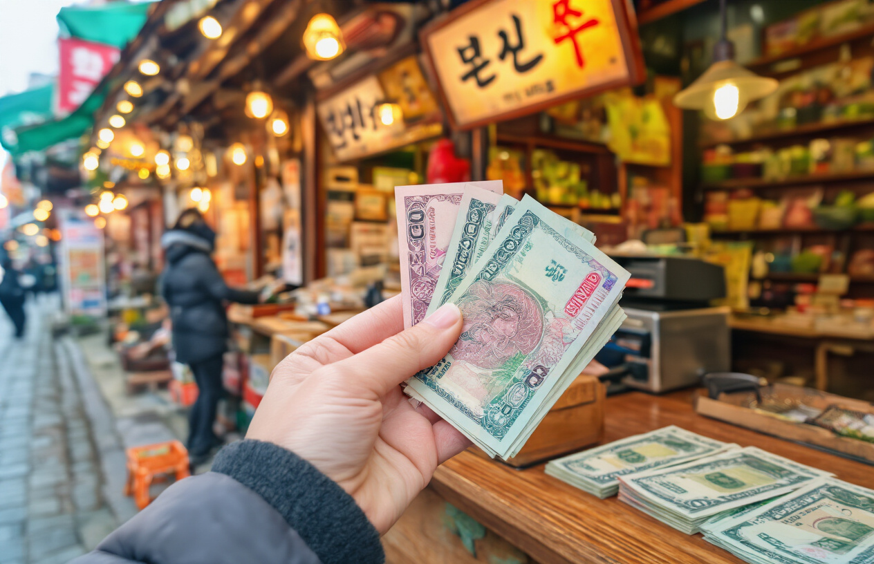 realistic image of a close-up shot of a hand holding a small bundle of South Korean won banknotes, with a traditional Korean market stall or small local shop in the background, showing cash being exchanged over a wooden counter, warm and inviting lighting highlighting the currency, with a sense of everyday commerce and authenticity, Absolutely NO text should be in the scene.