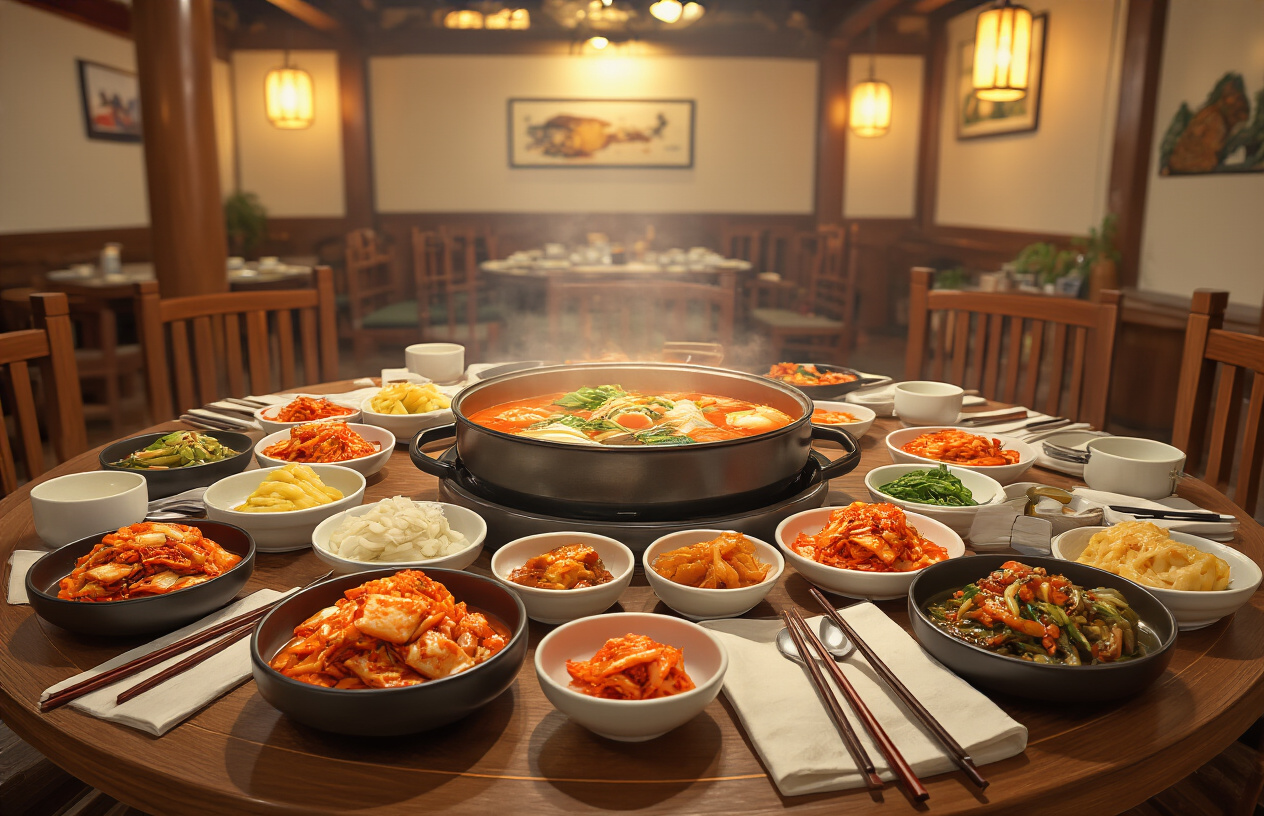 realistic image of a traditional Korean restaurant dining table set with multiple shared dishes including kimchi, banchan side dishes in small ceramic bowls, a central hot pot, and chopsticks and spoons neatly arranged, with a warm and inviting ambiance, soft overhead lighting casting a golden glow over the spread, the table filled with colorful authentic Korean food in a cozy restaurant interior with wooden furniture and traditional Korean decor elements in the background, capturing the communal and ceremonial nature of Korean dining culture. Absolutely NO text should be in the scene.