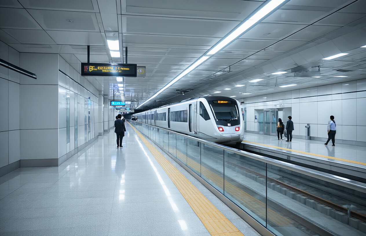 realistic image of a modern, sleek South Korean subway station interior with clean white and gray tiled platforms, showing a high-speed KTX train smoothly arriving at the platform, with clear glass safety barriers along the platform edge, bright overhead LED lighting illuminating the spacious and immaculate station, a digital arrival board displaying train schedules, and a few commuters standing orderly on the platform, capturing the sense of efficiency, modernity, and ease of travel, with an overall mood of awe-inspiring convenience and futuristic urban transit. Absolutely NO text should be in the scene.