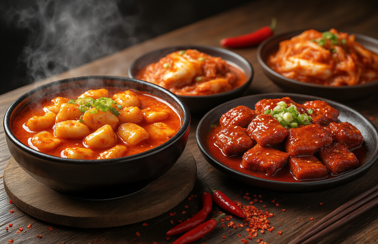 realistic image of a close-up shot of a vibrant spread of iconic Korean spicy dishes, including a steaming bowl of bright red tteokbokki, a fiery kimchi jjigae, and a plate of gochujang-glazed meat, all displayed on a rustic wooden table with small red chili peppers and gochugaru flakes scattered around, the rich red and orange hues of the food creating an intense and bold mood, dramatic warm lighting highlighting the glossy, spicy sauces and steam rising from the dishes, conveying the boldness and heat of Korean cuisine. Absolutely NO text should be in the scene.