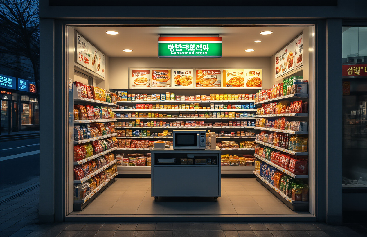 realistic image of a brightly lit South Korean convenience store interior at night, showcasing neatly organized shelves stocked with snacks, instant noodles, beverages, and everyday essentials, with a self-service food station featuring a microwave and hot food counter in the foreground, warm inviting lighting illuminating the compact yet well-organized space, and a glass storefront revealing a dark urban street outside, capturing the vibrant and practical atmosphere of a GS25 or CU-style Korean convenience store. Absolutely NO text should be in the scene.