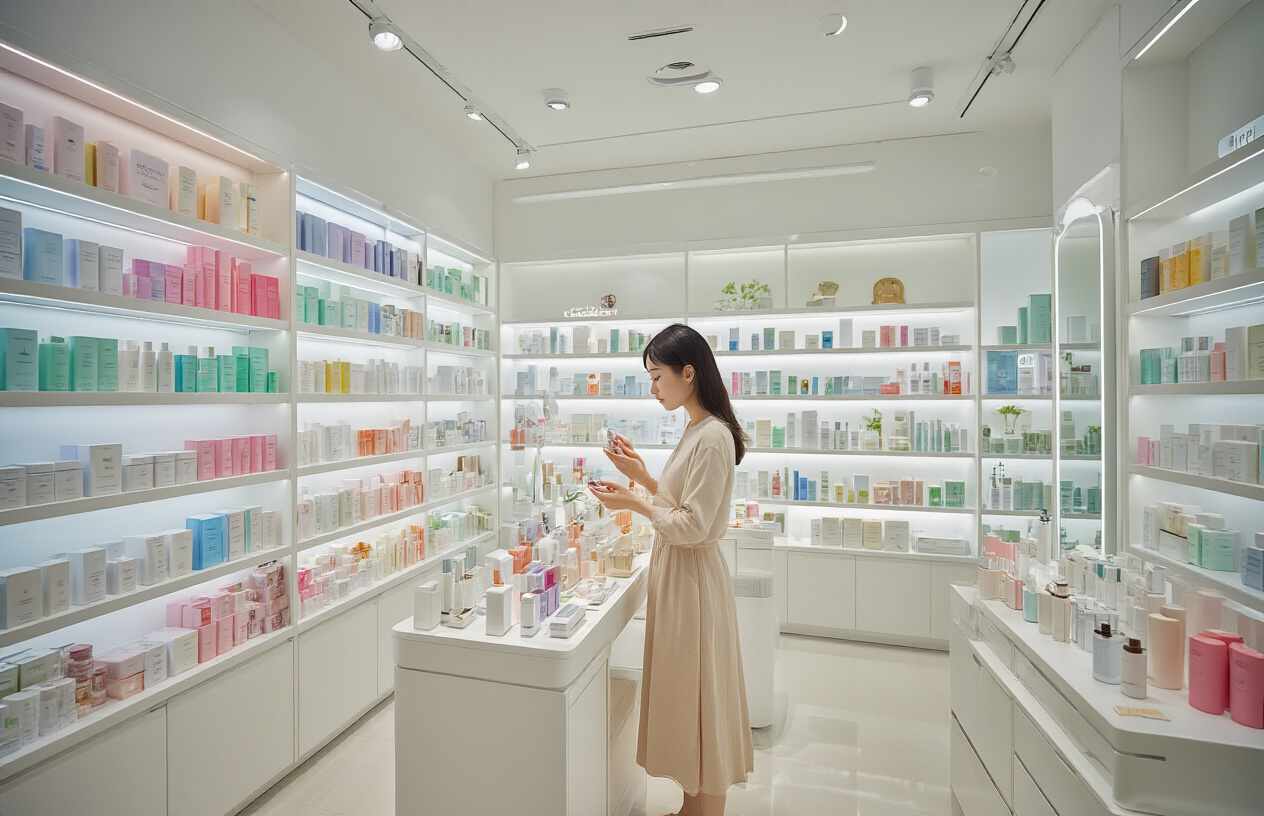 realistic image of a well-lit, modern Korean skincare store with neatly arranged shelves filled with colorful skincare products, serums, and beauty essentials, featuring a Korean female customer carefully examining a skincare product, surrounded by clean, minimalist white and pastel-toned displays, bright and inviting store lighting creating a fresh and polished atmosphere, conveying a culture of meticulous skincare and beauty standards. Absolutely NO text should be in the scene.