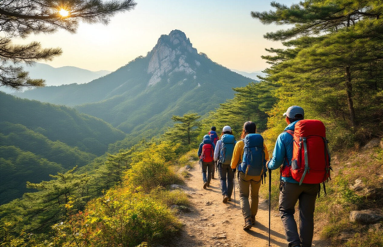 realistic image of a group of Korean hikers on a well-marked mountain trail in South Korea, with lush forested slopes and a dramatic rocky peak visible in the background, the hikers wearing colorful, matching outdoor gear and sturdy boots, carrying trekking poles and backpacks, walking in a line along the path on a clear sunny day, with soft golden light filtering through the trees, conveying an energetic and communal atmosphere that reflects how deeply embedded hiking is in everyday Korean culture. Absolutely NO text should be in the scene.