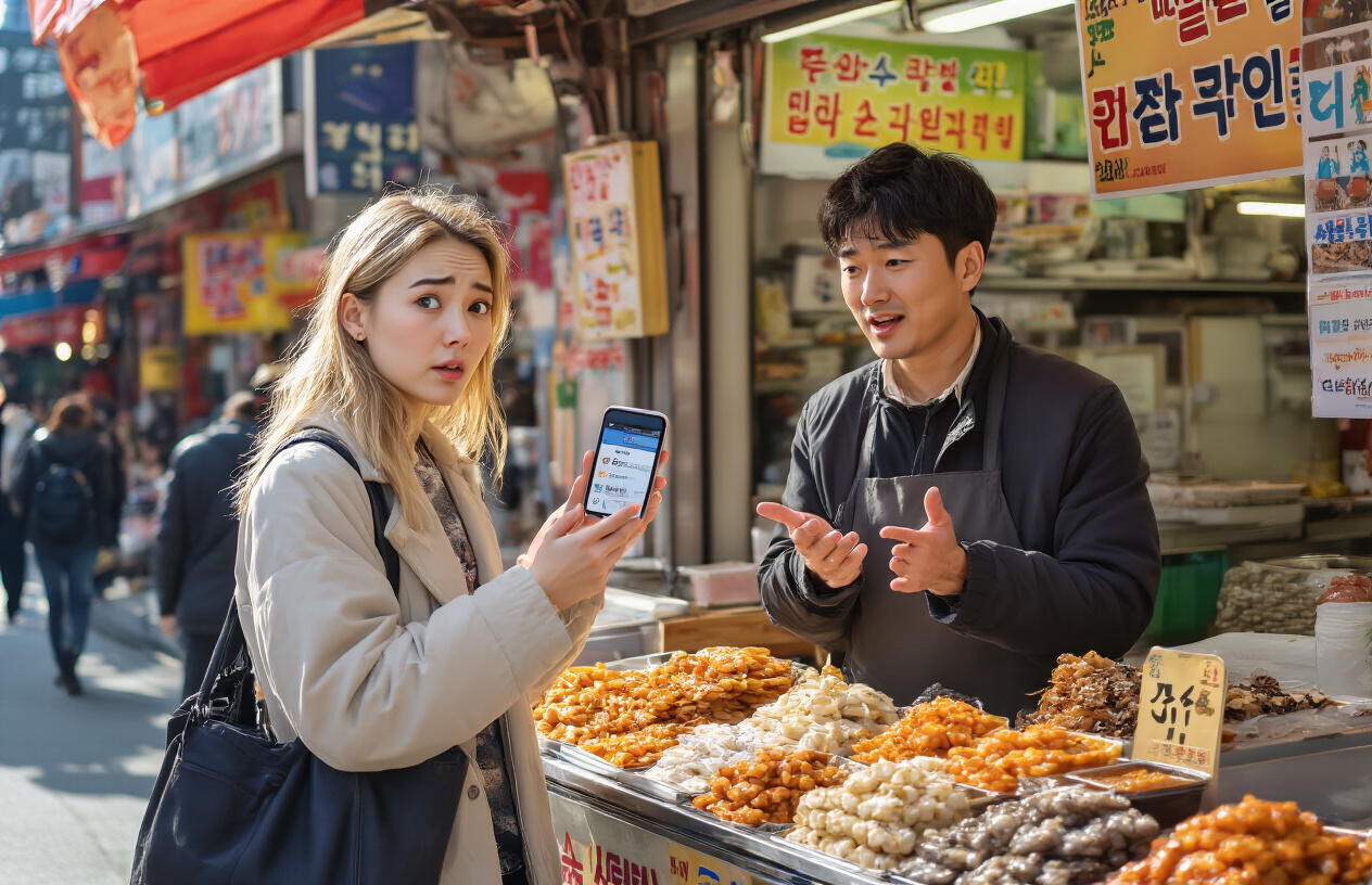realistic image of a white female tourist standing in front of a Korean street vendor's stall, looking slightly confused while holding up her smartphone with a translation app open, gesturing to point at food items on display, with the friendly Korean vendor patiently trying to communicate through hand gestures, set in a busy Seoul street market with colorful signs and stalls in the background, warm and natural daylight illuminating the scene, capturing a moment of cross-cultural communication challenge with a lighthearted and relatable mood. Absolutely NO text should be in the scene.