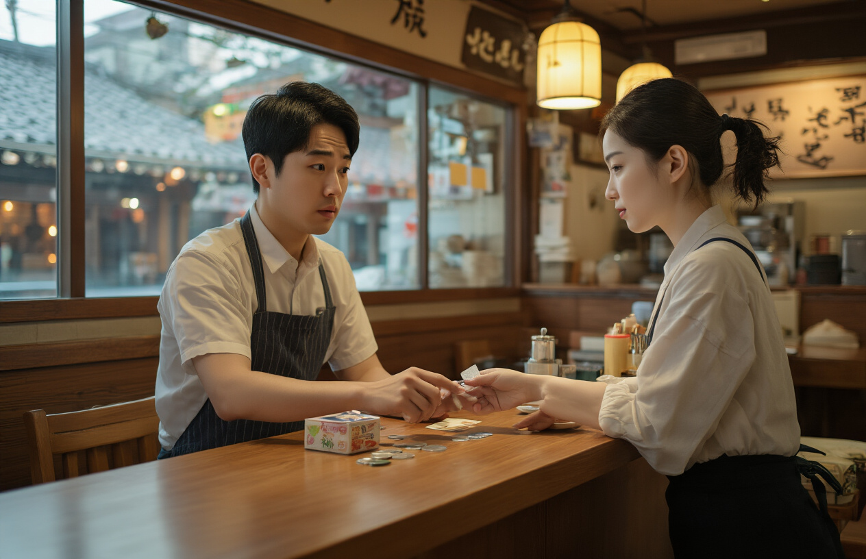 realistic image of a South Korean restaurant counter scene where an Asian male server looks confused and slightly uncomfortable as a white female tourist slides coins or bills across the counter as a tip, the server gently pushing the money back toward the customer with a polite but puzzled expression, warm indoor restaurant lighting, traditional Korean restaurant decor in the background with wooden furniture and soft ambient light, capturing the cultural misunderstanding in a respectful and lighthearted way. Absolutely NO text should be in the scene.