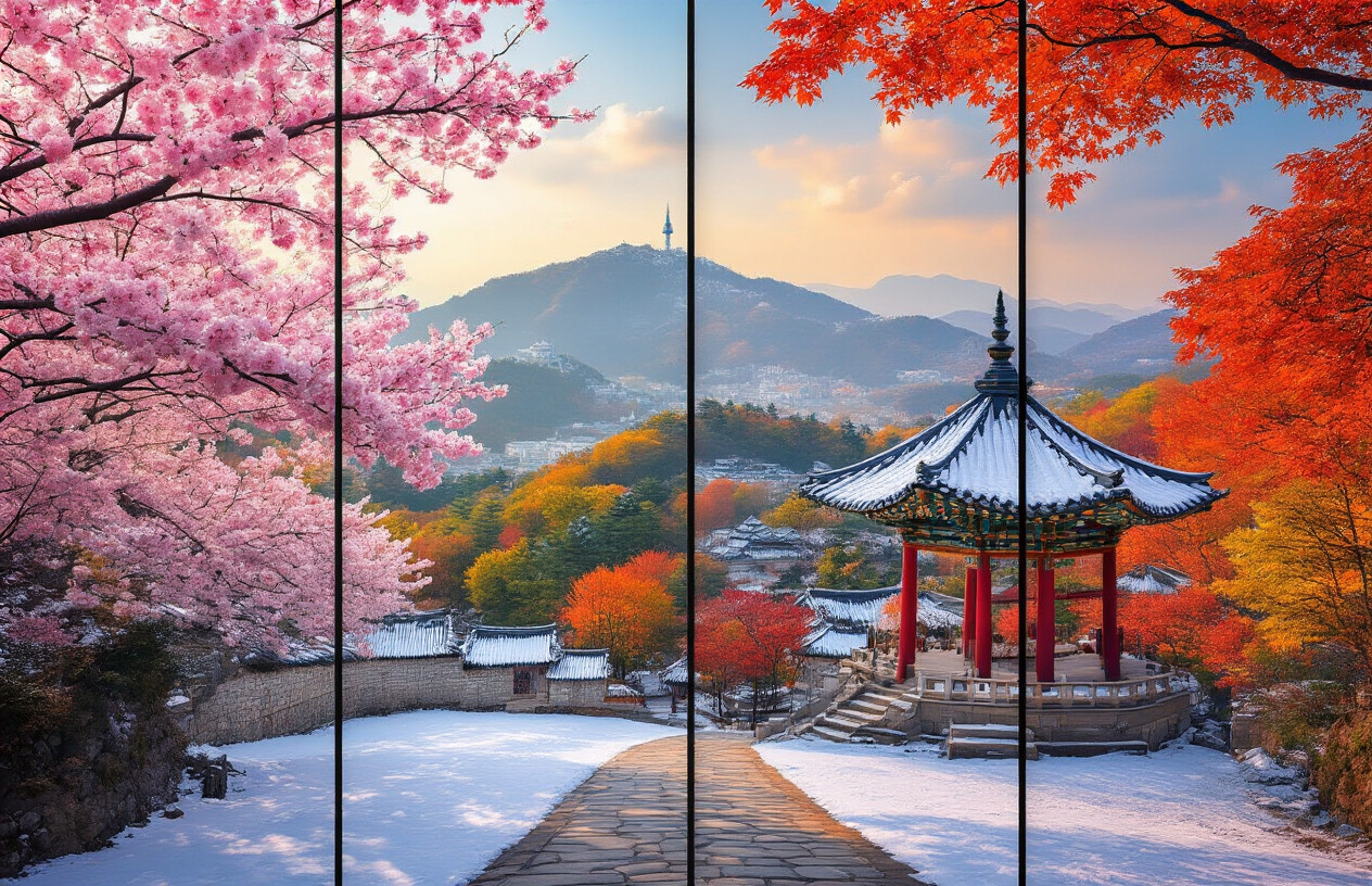 realistic image of a stunning four-panel split composition showcasing South Korea's iconic landscapes across all four seasons, featuring cherry blossom trees in full pink bloom during spring, lush green mountain temples surrounded by vibrant foliage in summer, fiery red and orange autumn leaves framing a traditional Korean pagoda in fall, and a serene snow-covered palace courtyard in winter, each panel bathed in its respective seasonal lighting — soft warm pink hues for spring, bright golden sunlight for summer, rich amber tones for autumn, and cool blue-white light for winter, creating a vivid and dramatic contrast that highlights how drastically the experience of visiting South Korea changes throughout the year. Absolutely NO text should be in the scene.