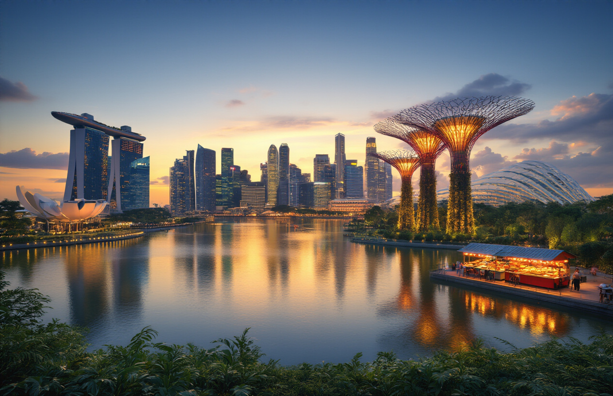 realistic image of a breathtaking panoramic view of Singapore's iconic skyline at golden hour, featuring the Marina Bay Sands, Gardens by the Bay supertrees glowing with warm lights, lush greenery in the foreground, and a vibrant hawker food stall setup subtly visible at the lower edge, with the calm reflective waters of Marina Bay mirroring the glowing sky, creating a warm, inviting, and awe-inspiring atmosphere that captures the city's blend of nature, culture, modernity, and culinary richness, with soft golden and amber lighting casting a magical glow over the entire scene. Absolutely NO text should be in the scene.