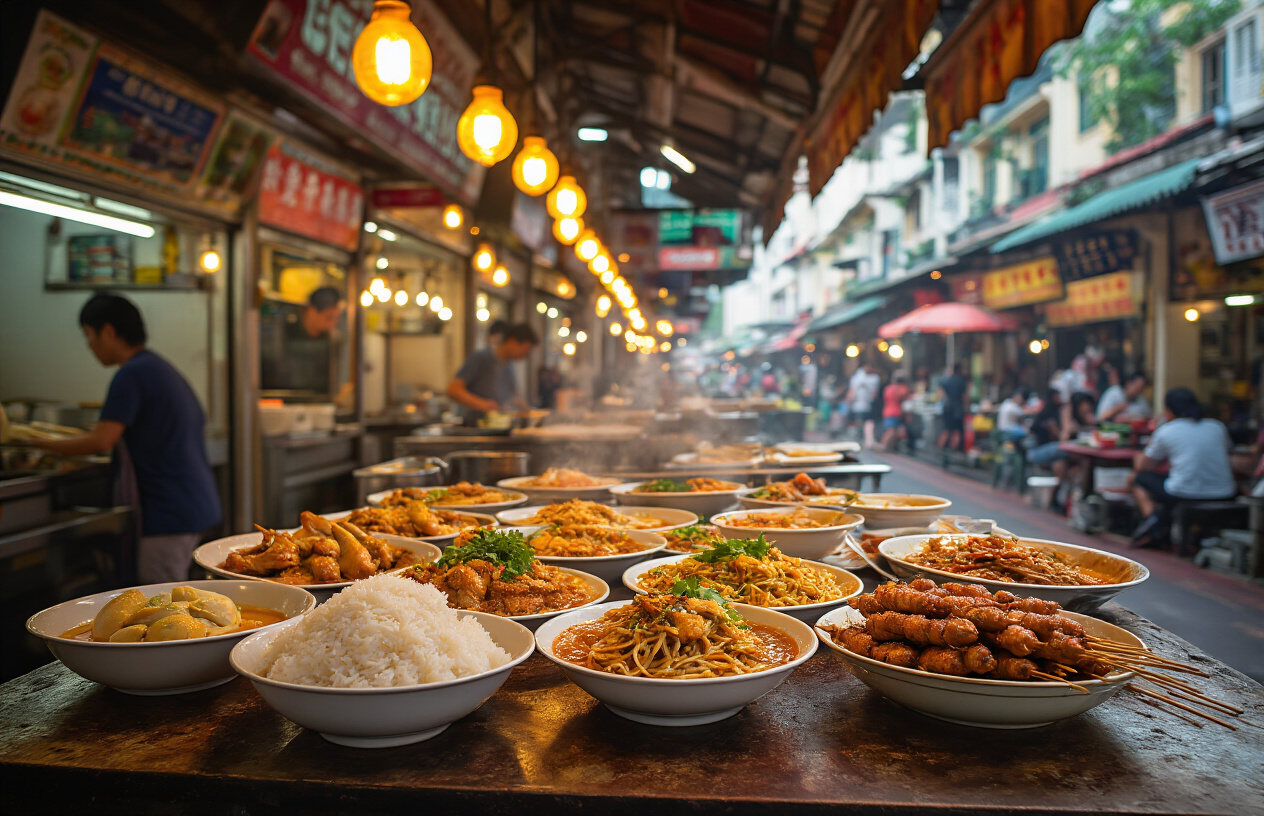 realistic image of a vibrant hawker centre in Singapore filled with an abundant spread of iconic local dishes, including plates of chicken rice, bowls of laksa, char kway teow, and satay skewers arranged on a worn wooden table, with the bustling open-air food stall background illuminated by warm golden hanging lights, steam rising from freshly cooked dishes creating an inviting and mouth-watering atmosphere, showcasing the rich colors and textures of Singapore's diverse culinary culture. Absolutely NO text should be in the scene.