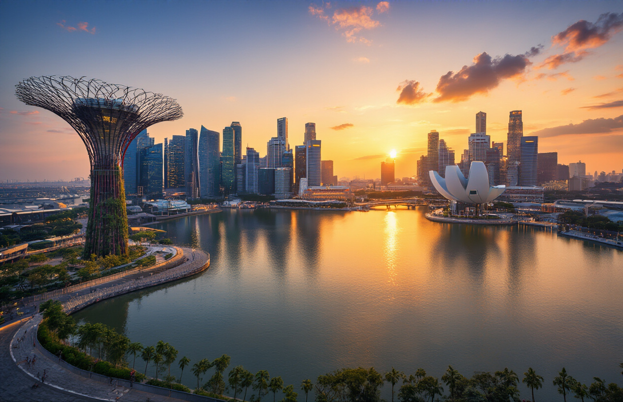 realistic image of a stunning panoramic view of Singapore's most iconic landmarks, featuring the Marina Bay Sands hotel with its distinctive rooftop infinity pool, the futuristic Supertree Grove structures of Gardens by the Bay, and the glittering city skyline reflected on the calm waters of Marina Bay during golden hour, with warm amber and orange hues casting a dramatic glow over the entire scene, conveying a sense of grandeur and wonder that inspires extended exploration beyond a brief stopover. Absolutely NO text should be in the scene.