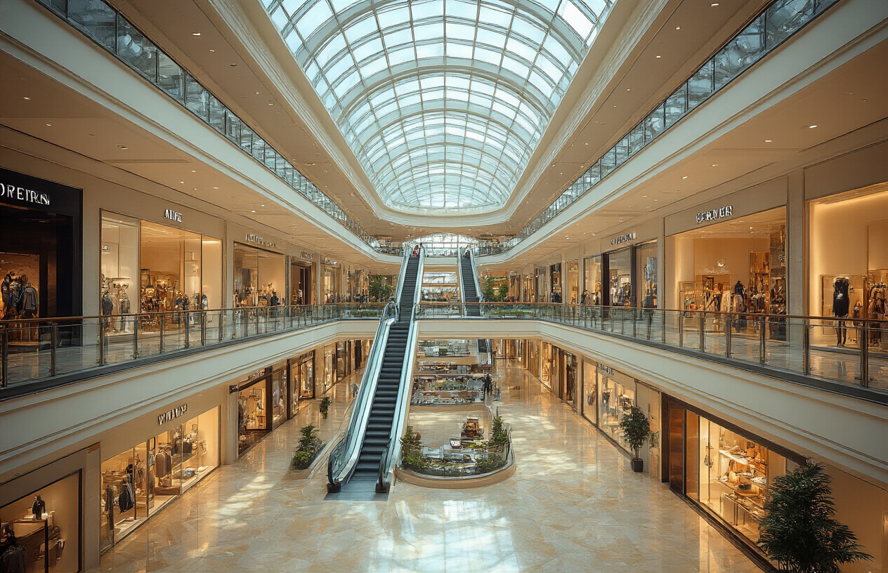 realistic image of a stunning, upscale shopping mall interior in Singapore, featuring soaring glass ceilings flooding the space with natural light, luxury brand storefronts lining multiple gleaming levels, and elegant escalators connecting the floors, with a vibrant yet sophisticated atmosphere showcasing high-end retail displays and polished marble floors reflecting warm ambient lighting, conveying a world-class shopping destination that rivals Paris, Milan, or New York. Absolutely NO text should be in the scene.