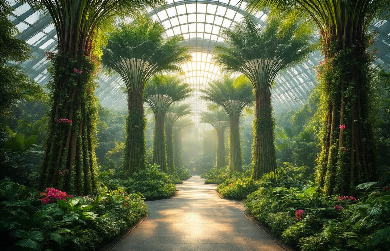 realistic image of a lush, verdant walkway inside Gardens by the Bay in Singapore, featuring towering Supertree structures draped in cascading tropical plants and flowers, with a misty conservatory dome visible in the background, soft golden afternoon light filtering through the greenery, creating a magical and surprising atmosphere that blends futuristic architecture with abundant nature, the scene conveying wonder and discovery in an urban oasis setting. Absolutely NO text should be in the scene.