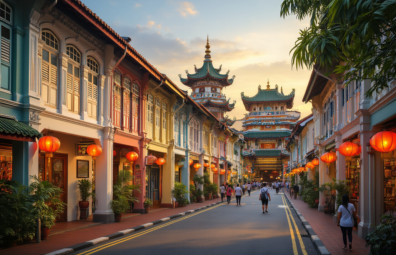 realistic image of a vibrant street scene in Singapore's Chinatown district, featuring a blend of colorful traditional shophouses with ornate facades alongside a nearby Hindu temple, showcasing the city's multicultural heritage, with warm golden hour lighting casting a rich glow over the architecture, a few pedestrians of Asian descent exploring the lively street, lanterns hanging overhead adding a festive cultural atmosphere, and lush tropical greenery subtly framing the scene. Absolutely NO text should be in the scene.