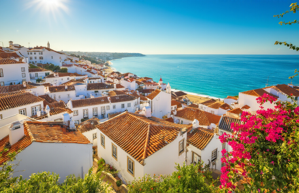 realistic image of a breathtaking panoramic view of a sunlit Portuguese coastal town with whitewashed buildings, terracotta rooftops, and a vivid blue ocean stretching to the horizon, bathed in warm golden afternoon sunlight with a clear azure sky overhead, evoking a sense of freedom, warmth, and vibrant outdoor living, with lush greenery and colorful bougainvillea accenting the scene, conveying an optimistic and inviting Mediterranean atmosphere that encapsulates the essence of Portugal's sunshine-filled lifestyle. Absolutely NO text should be in the scene.