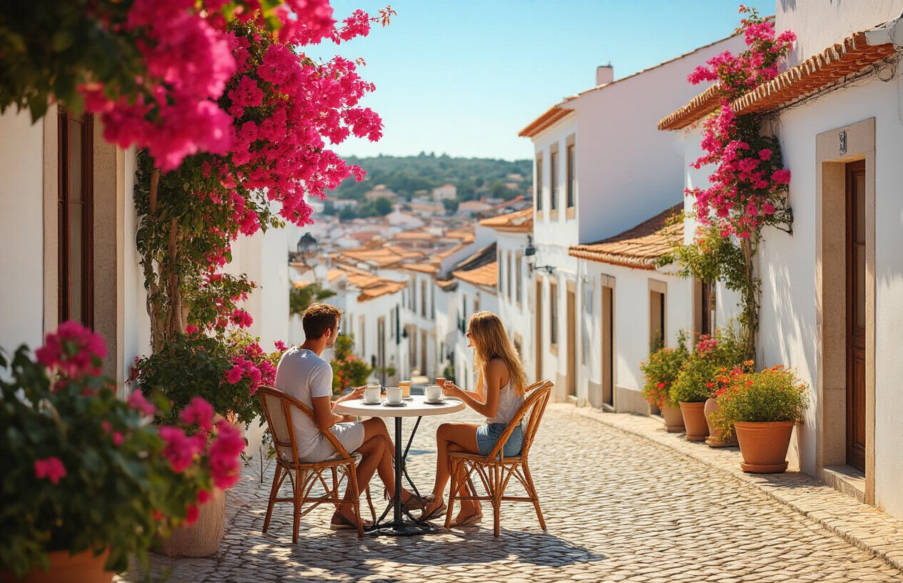 realistic image of a sun-drenched outdoor café terrace in Portugal with white-washed buildings and terracotta rooftops in the background, where a white male and a white female are sitting casually at a small table enjoying coffee under bright golden sunlight, surrounded by potted bougainvillea plants in vibrant pink, with a cobblestone street visible nearby, the scene bathed in warm Mediterranean sunlight casting soft shadows, conveying a relaxed and joyful outdoor lifestyle, clear blue sky overhead emphasizing the abundance of sunshine. Absolutely NO text should be in the scene.