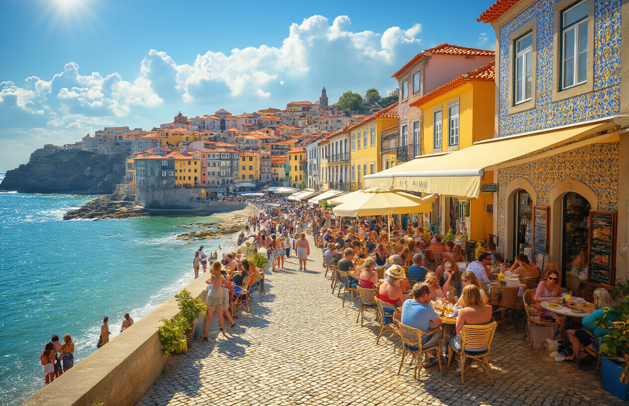 realistic image of a vibrant, sun-drenched Portuguese coastal town with a bustling outdoor café terrace in the foreground filled with tourists enjoying meals and drinks under bright golden sunlight, colorful tiled buildings and terracotta rooftops visible in the background, a clear deep-blue sky overhead, small boutique shops and street vendors along a lively cobblestone promenade near the sparkling ocean, the scene radiating warmth, prosperity, and lively economic activity, with a cheerful and inviting atmosphere bathed in warm Mediterranean sunlight. Absolutely NO text should be in the scene.