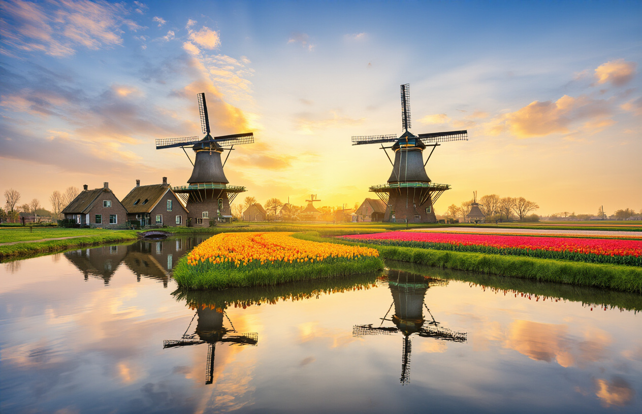 realistic image of a stunning collage-style panoramic scene showcasing the most iconic elements of the Netherlands' hidden gems, featuring the serene canal of Giethoorn with traditional thatched-roof cottages, the silhouette of classic Dutch windmills at Kinderdijk reflected in still water, a vibrant stretch of colorful tulip fields in full bloom, and lush green landscapes in golden late-afternoon light, all blended seamlessly into one cohesive wide-angle composition evoking a sense of discovery and wanderlust, with warm sunlight casting a magical glow across the entire scene, creating an inviting and awe-inspiring atmosphere that celebrates the beauty of off-the-beaten-path Dutch destinations. Absolutely NO text should be in the scene.