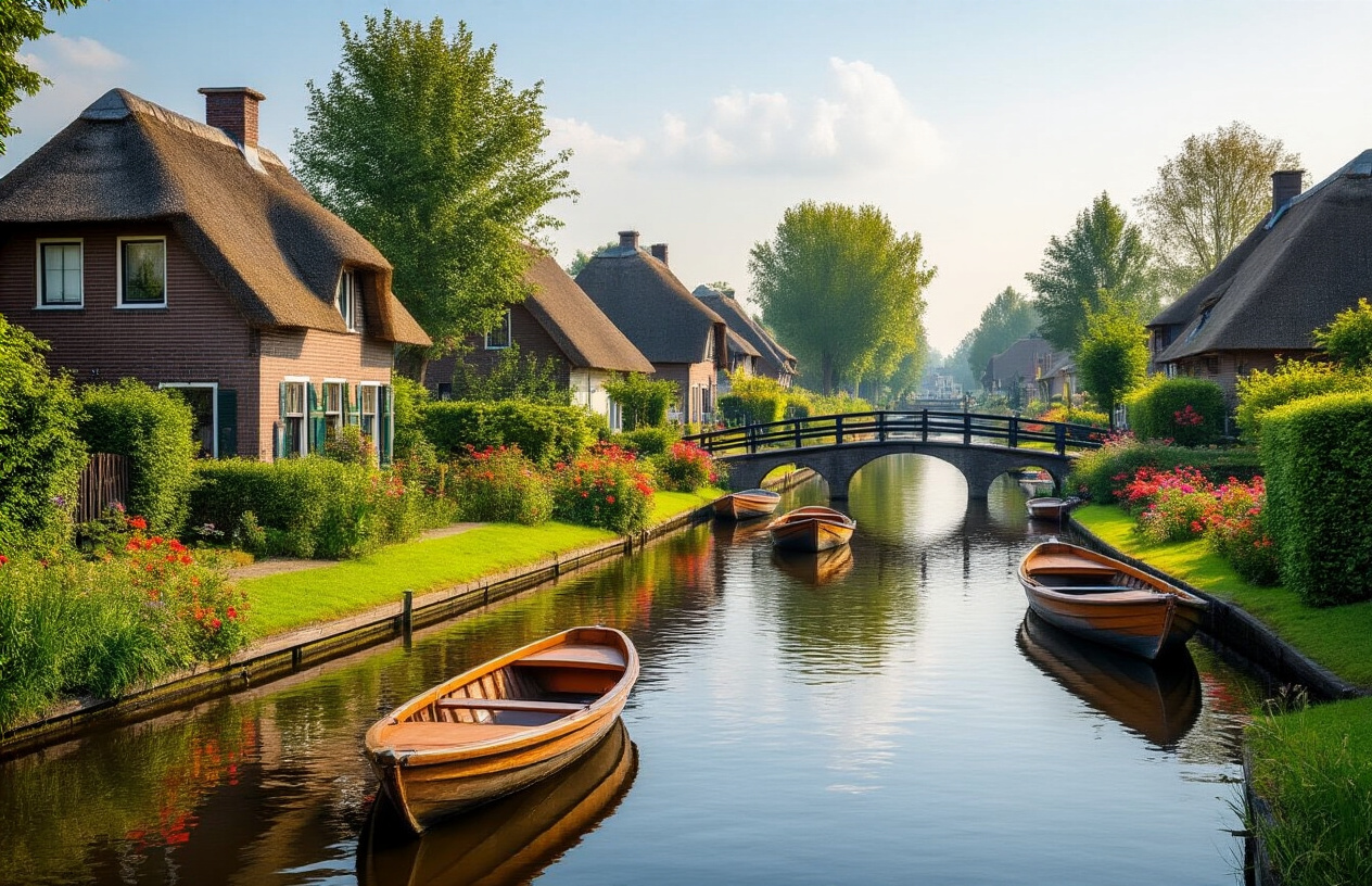 realistic image of a serene canal in Giethoorn, Netherlands, with traditional Dutch thatched-roof cottages lining the waterway, surrounded by lush green vegetation and colorful blooming flowers, small wooden boats and punter boats gently floating on the calm reflective water, a charming arched wooden bridge crossing the canal in the background, soft warm natural daylight illuminating the peaceful scene, evoking a quiet, idyllic, and picturesque atmosphere with no roads or cars visible, Absolutely NO text should be in the scene.