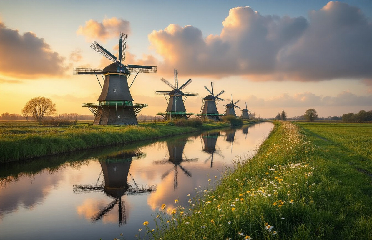 realistic image of a serene and atmospheric scene at Kinderdijk, Netherlands, featuring a row of traditional Dutch windmills stretching along a calm, reflective canal during the golden hour, with soft warm light casting long shadows across the lush green landscape, wildflowers growing along the canal banks, and dramatic clouds in the sky, capturing an authentic and peaceful perspective beyond the typical tourist view, with no crowds, emphasizing the timeless beauty and rural tranquility of the iconic windmills mirrored in the still water below. Absolutely NO text should be in the scene.