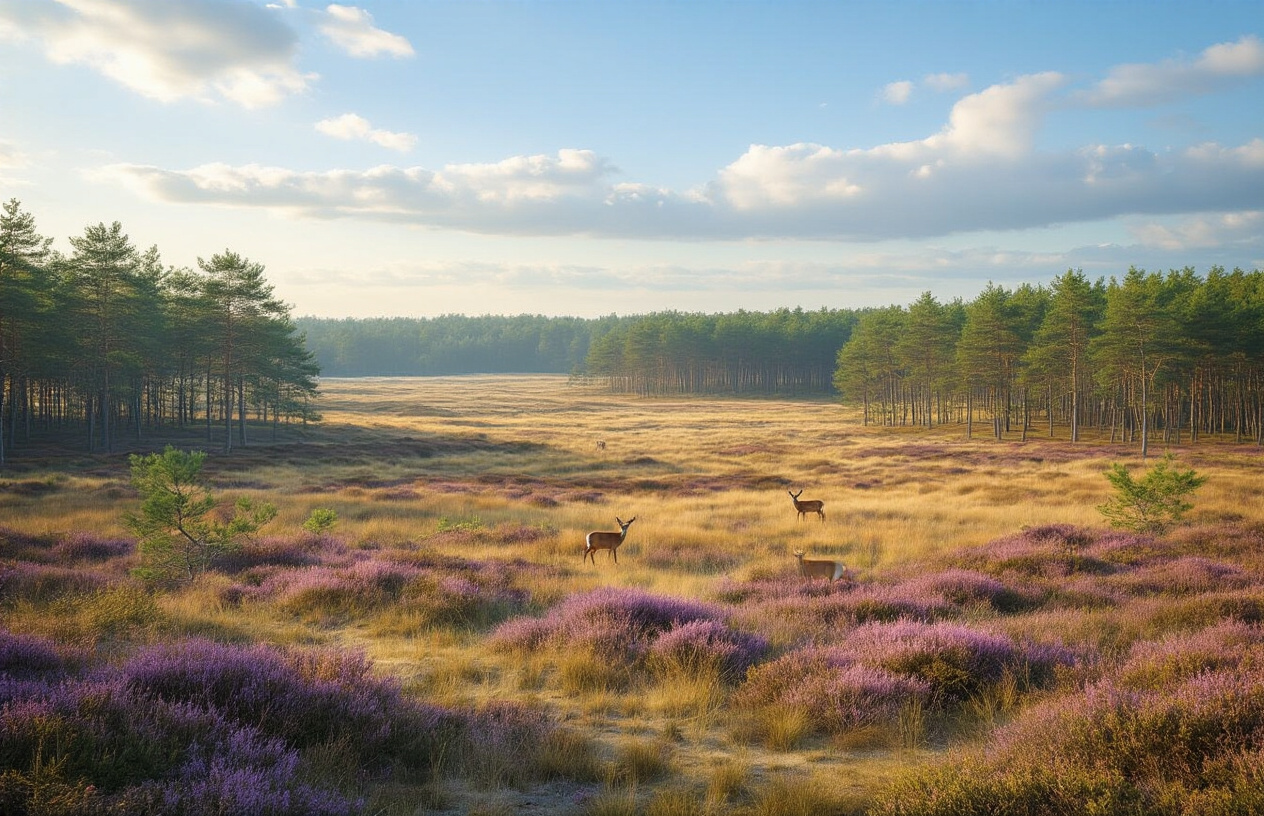 realistic image of a serene and expansive landscape inside Hoge Veluwe National Park in the Netherlands, featuring a mix of dense pine forests, open heathlands with purple heather in bloom, and golden sandy dunes under a soft, warm afternoon light, with a few white-tailed deer grazing peacefully in the middle ground, evoking a sense of untouched natural beauty and tranquility, with a clear blue sky dotted with light clouds casting gentle shadows over the terrain. Absolutely NO text should be in the scene.