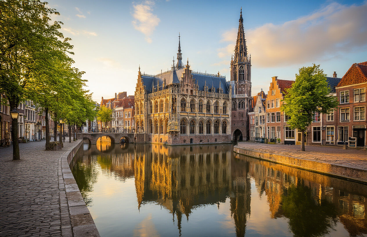 realistic image of the historic city center of Middelburg, Netherlands, featuring the iconic Gothic-style Town Hall with its ornate facade and tall spire reflected in a calm canal, surrounded by traditional Dutch step-gabled buildings in warm afternoon golden hour lighting, with charming cobblestone streets and lush green trees lining the waterway, creating a peaceful and picturesque atmosphere that evokes a sense of undiscovered beauty and old-world charm. Absolutely NO text should be in the scene.