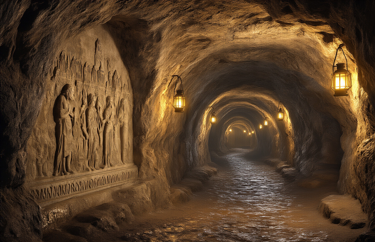 realistic image of the interior of an ancient underground cave tunnel in Valkenburg, Netherlands, with rough limestone walls carved with intricate historical reliefs and arched passageways stretching into the distance, dimly lit by warm golden lantern lights attached to the cave walls, creating a mysterious and atmospheric mood, with the cave ceiling low and textured, giving a sense of depth and history, Absolutely NO text should be in the scene.