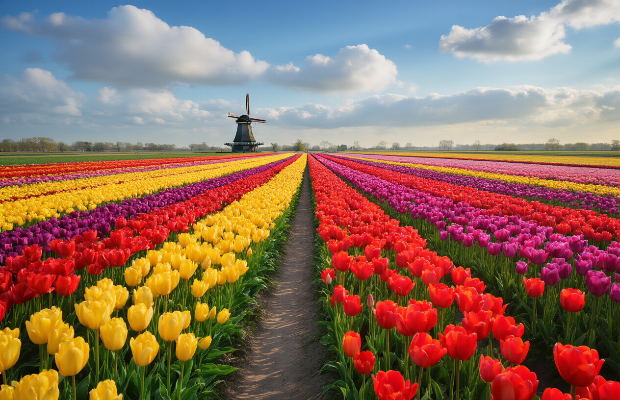 realistic image of a vast, picturesque tulip field in Lisse, Netherlands, stretching to the horizon with rows of vibrant red, yellow, pink, and purple tulips in full bloom, located away from crowded tourist areas, with a traditional Dutch windmill visible in the distance under a wide, partly cloudy sky with soft golden sunlight illuminating the colorful flowers, creating a serene and tranquil atmosphere, with a narrow dirt path winding through the tulip rows suggesting an off-the-beaten-path location. Absolutely NO text should be in the scene.