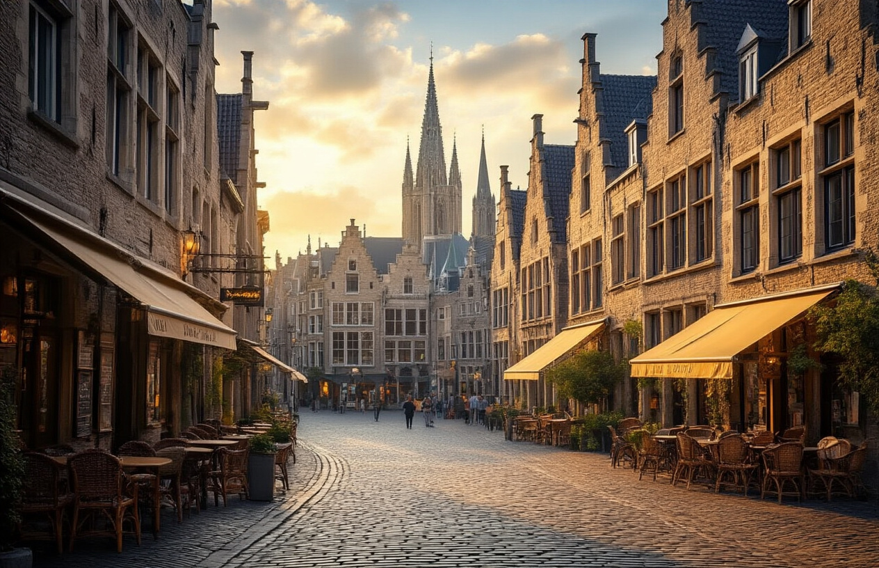realistic image of a charming, historic street in Maastricht, Netherlands, featuring the iconic Vrijthof square or a picturesque cobblestone alley lined with centuries-old stone buildings, warm cafƩ terraces with outdoor seating, and medieval Romanesque architecture bathed in soft golden afternoon light, with a sense of discovery and cultural richness in the air, evoking the feeling of an explorer uncovering a hidden European gem, the scene is warm, inviting, and atmospheric with a blend of historical grandeur and cozy everyday life. Absolutely NO text should be in the scene.