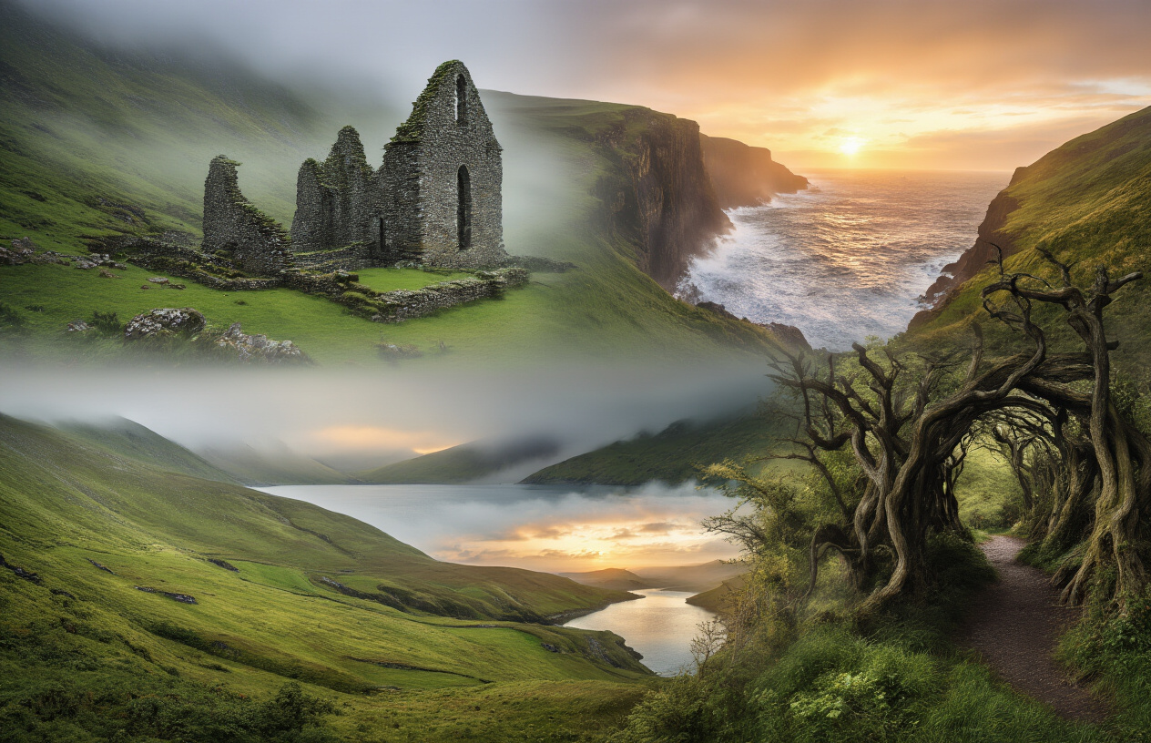 realistic image of a breathtaking panoramic collage-style scene capturing the essence of Ireland's hidden gems, featuring a misty ancient stone monastery ruin surrounded by lush green valleys, a dramatic coastal cliffside with wild Atlantic waves crashing below, a serene saltwater lake reflecting golden sunset light, and a hauntingly beautiful tunnel of gnarled dark hedgerow trees forming a natural archway, all blended seamlessly into one sweeping landscape composition, bathed in warm golden and soft emerald tones with atmospheric mist rolling across the hills, evoking a sense of mystery, discovery, and untouched natural beauty. Absolutely NO text should be in the scene.