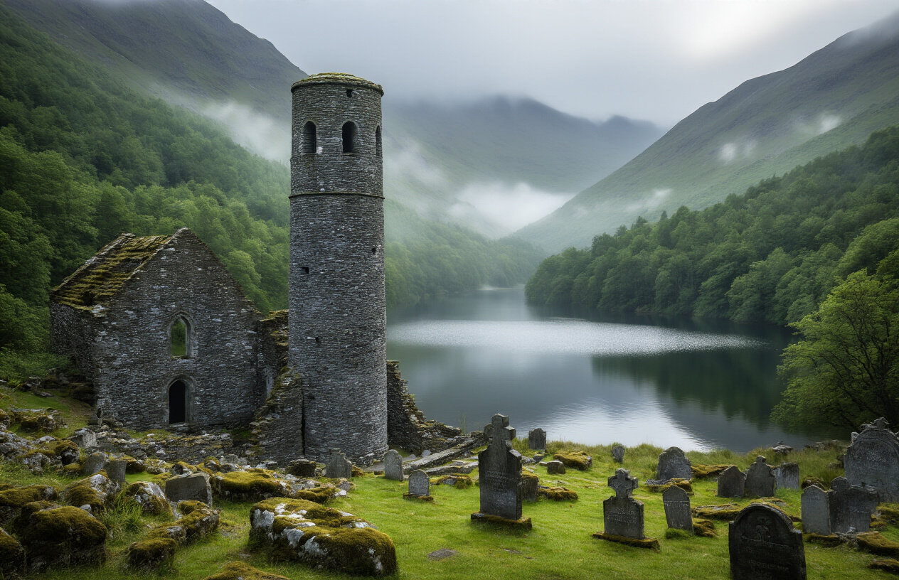 realistic image of the ancient ruins of Glendalough's monastic settlement in County Wicklow, Ireland, featuring the iconic tall round tower rising above weathered stone church ruins, set against a misty glacial valley with two serene lakes reflecting the surrounding dense forest and dramatic green mountains, soft diffused morning light filtering through low-hanging mist creating an ethereal and mysterious atmosphere, with moss-covered Celtic gravestones scattered in the foreground, evoking a sense of hidden history and timeless solitude. Absolutely NO text should be in the scene.