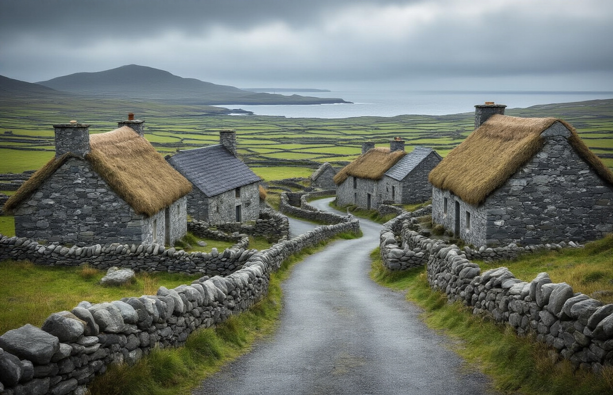 realistic image of a quiet, ancient stone village on Inis Mór, Ireland, featuring traditional limestone cottages with weathered grey walls and thatched or slate rooftops nestled along a narrow winding path, surrounded by the iconic Aran Islands landscape of layered limestone karst fields divided by low dry-stone walls, with the wild Atlantic Ocean visible in the distant background under a dramatic overcast sky casting soft, diffused light across the rugged terrain, evoking a sense of timeless isolation and forgotten history, with no signs of modern life, Absolutely NO text should be in the scene.