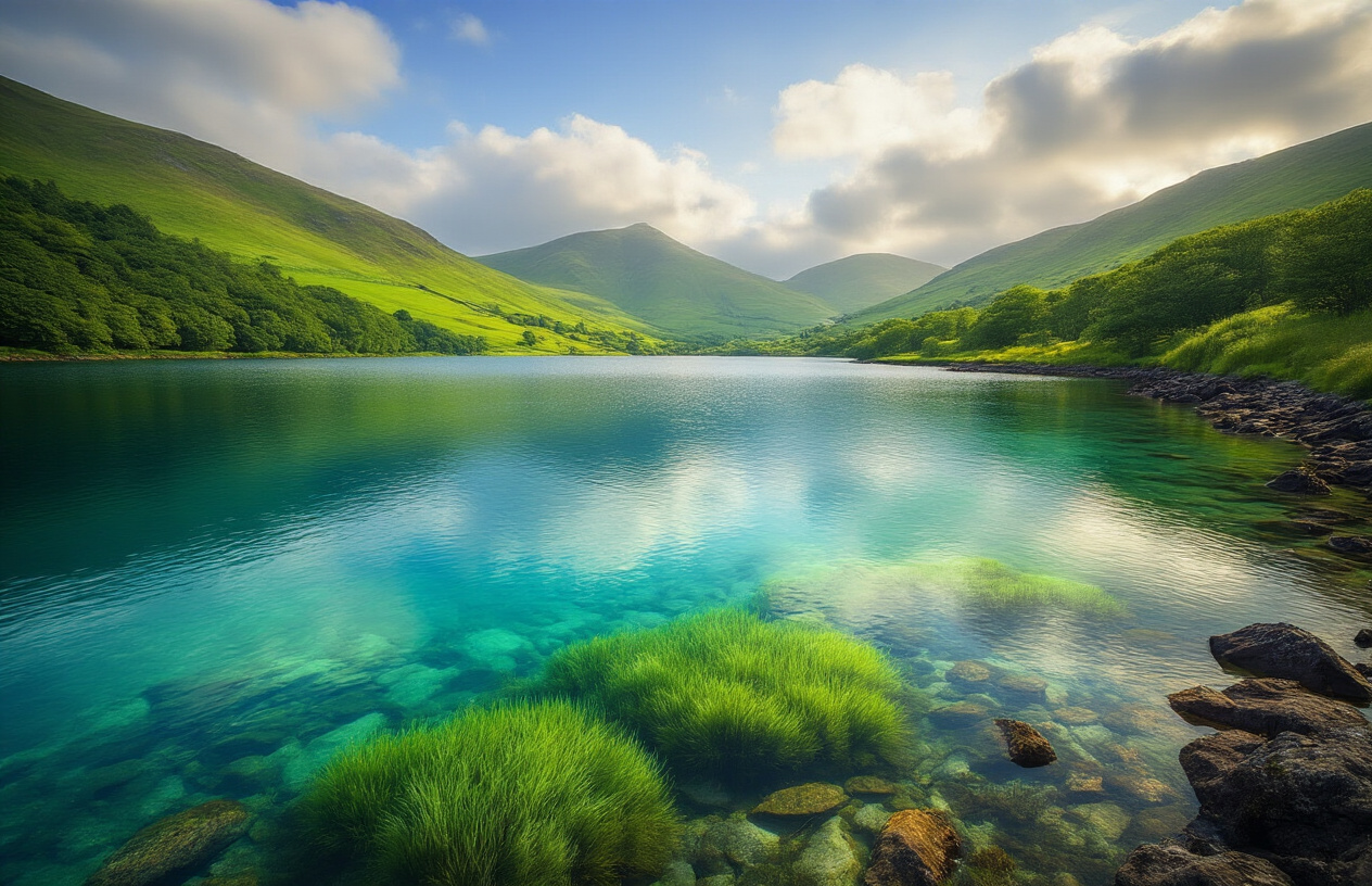 realistic image of a serene, crystal-clear saltwater lake nestled among lush green rolling hills in Ireland, with calm reflective waters revealing vibrant underwater vegetation, surrounded by dense woodland and rocky shorelines, bathed in soft golden afternoon light filtering through scattered clouds, evoking a sense of mystery and hidden natural beauty, Absolutely NO text should be in the scene.