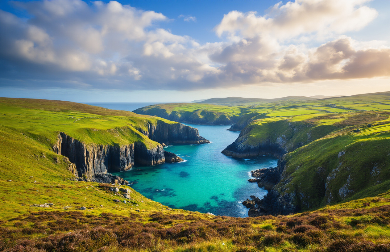 realistic image of a breathtaking, unspoiled coastal landscape on the Beara Peninsula in Ireland, featuring dramatic rugged cliffs dropping into a deep turquoise Atlantic Ocean, with rolling green hills and heathered moorlands stretching across the background, small hidden rocky coves visible along the shoreline, soft golden light from a partly cloudy sky casting warm rays across the wild terrain, capturing a remote and serene mood that evokes a sense of untouched natural beauty, with no signs of modern development in sight. Absolutely NO text should be in the scene.