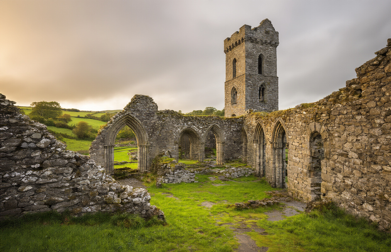realistic image of the ancient ruins of Fore Abbey, a medieval monastery in County Westmeath, Ireland, featuring crumbling stone walls, arched doorways, and a well-preserved tower surrounded by lush green Irish countryside, with soft golden afternoon light casting gentle shadows across the weathered stonework, an atmosphere of quiet mystery and historical solitude, with a moody overcast sky hinting at Ireland's characteristic climate, and wild grass and moss growing along the base of the ancient ruins, evoking a sense of a forgotten, hidden gem lost to time. Absolutely NO text should be in the scene.