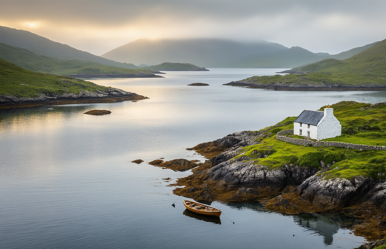 realistic image of a secluded bay in Connemara, Ireland, featuring small rugged islands scattered across calm, glassy water with soft Atlantic light casting a golden hue over the landscape, traditional whitewashed stone cottages visible on the nearest island, surrounded by lush green hillsides and rocky shorelines, a small wooden fishing boat moored near the water's edge, misty mountains visible in the distant background, evoking a sense of peaceful isolation and timeless beauty, overcast yet luminous Irish sky reflected on the tranquil water surface. Absolutely NO text should be in the scene.