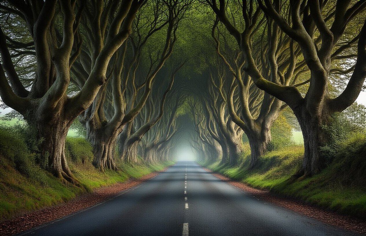 realistic image of a hauntingly beautiful tunnel of ancient, twisted beech trees forming a natural archway over a narrow road in Ireland, their gnarled branches intertwining overhead to create a dark, cathedral-like canopy, with soft, diffused morning light filtering through the dense foliage, casting eerie shadows on the empty road below, the atmosphere conveying mystery and timeless enchantment beyond any pop culture association, with fallen leaves scattered on the ground and a misty, ethereal quality to the scene, shot from a low angle perspective looking down the road to emphasize the dramatic natural tunnel effect. Absolutely NO text should be in the scene.