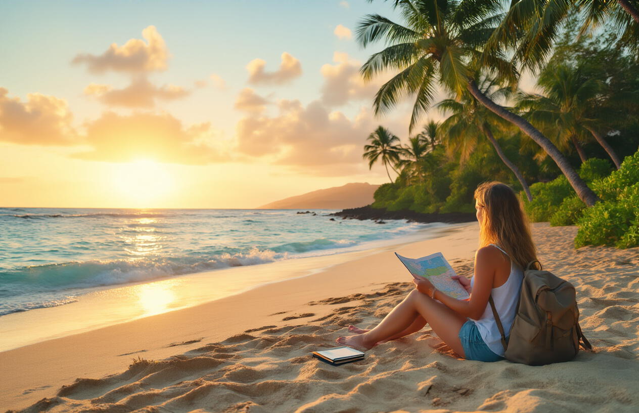 realistic image of a serene Hawaiian beach scene at golden hour, featuring a relaxed traveler, a white female, sitting on the sand with an open map and a small budget notebook beside her, a modest backpack nearby, with turquoise ocean waves, lush green palm trees, and a warm glowing sunset in the background, conveying a sense of accomplishment, adventure, and smart travel planning on a budget, with soft warm lighting casting a peaceful and inspiring mood. Absolutely NO text should be in the scene.