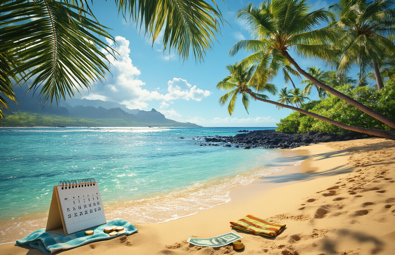 realistic image of a tropical Hawaiian beach scene during the off-peak season, with a calm and uncrowded shoreline featuring turquoise waters, golden sand, and lush palm trees swaying gently in the breeze, a small open calendar and a few coins or folded dollar bills placed on a nearby beach towel suggesting budget-friendly travel planning, soft warm sunlight casting a relaxed and inviting atmosphere, with a peaceful and serene mood emphasizing the idea of smart savings and ideal timing for a Hawaii vacation. Absolutely NO text should be in the scene.
