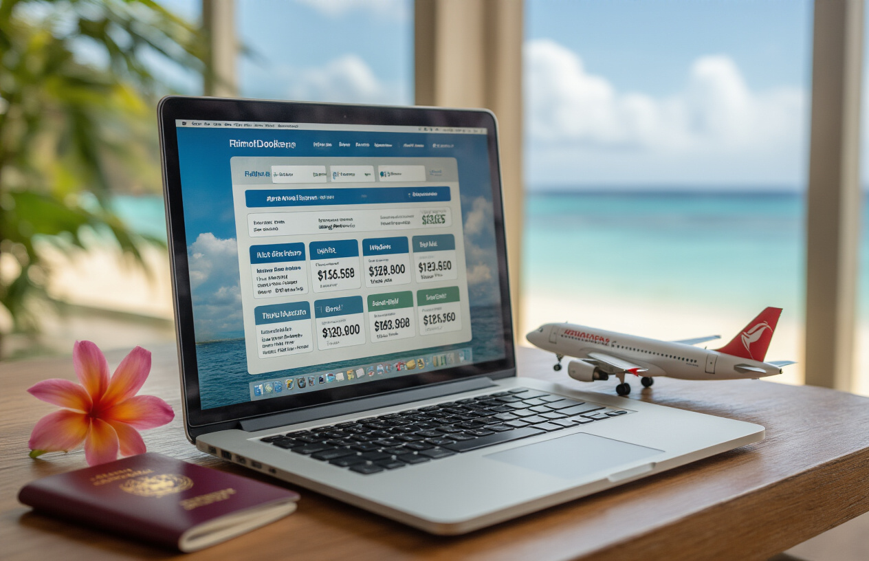 realistic image of a laptop screen displaying a flight booking website with multiple affordable flight options and price comparisons, placed on a wooden desk alongside a passport, a small tropical flower, and a miniature airplane figurine, with a bright and hopeful mood suggesting travel excitement, soft natural lighting illuminating the scene from the side, and a blurred background of a sunny Hawaiian beach visible through a nearby window. Absolutely NO text should be in the scene.